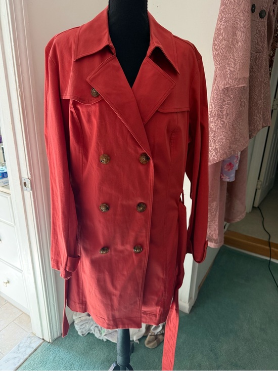 Daisy Fuentes Jackets & Blazers - Daisy Fuentes Coral Red Double-Breasted Women's Trench Coat